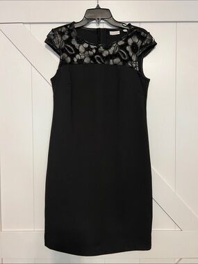 Black Sheath Dress with Faux Leather Floral Cutout Yoke Size 8